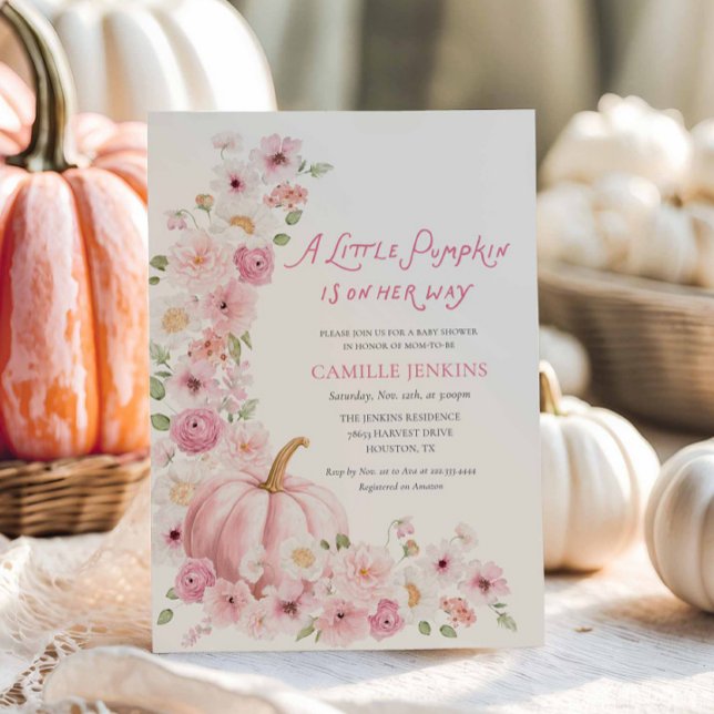 Invitation Fête de bébé fille aux fleurs de citrouille rose (Pink Pumpkin Fall baby shower invitation)