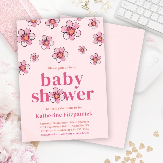 Invitation Fête de bébé fille aux fleurs de marguerite rose  (Pink Daisy Flower Girl Baby Shower Invitation)