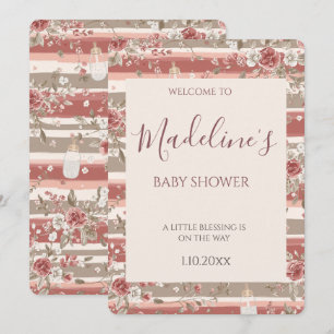 Invitation Fête de bébé fille aux fleurs de rose poussiéreuse