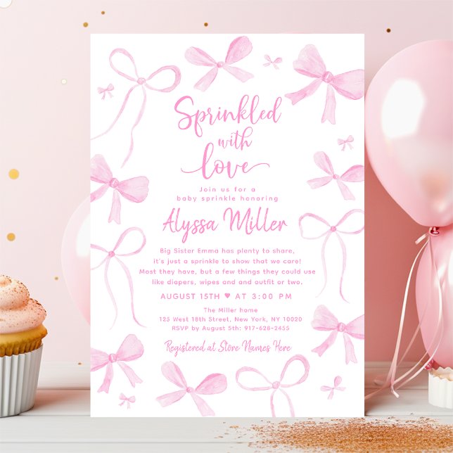 Invitation Fête de bébé fille aux nœuds roses délicats (Créateur téléchargé)