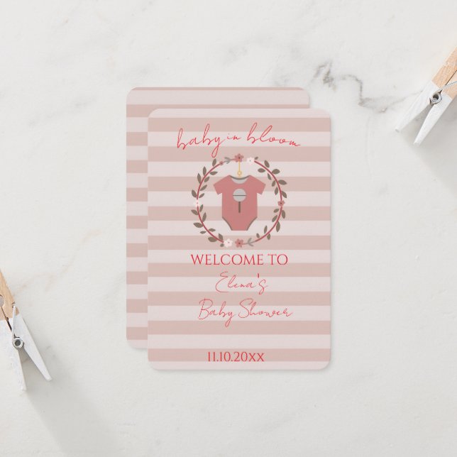 Invitation Fête de bébé fille aux rayures roses et blush Dust (Devant/Arrière en situation)