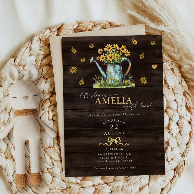 Invitation Fête de Bébé Fille avec Arrosoir Floral Rustique (Rustic Floral Watering Can Baby Girl Shower Invitation)