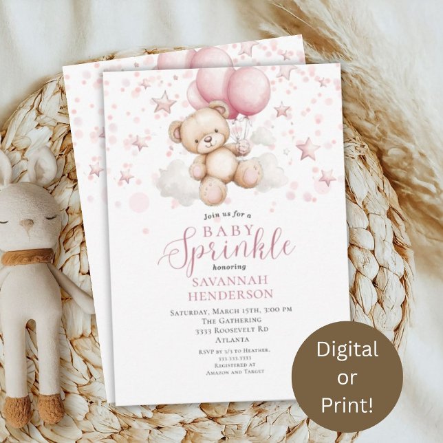 Invitation Fête de bébé fille avec ballon en forme d'ours en  (Créateur téléchargé)