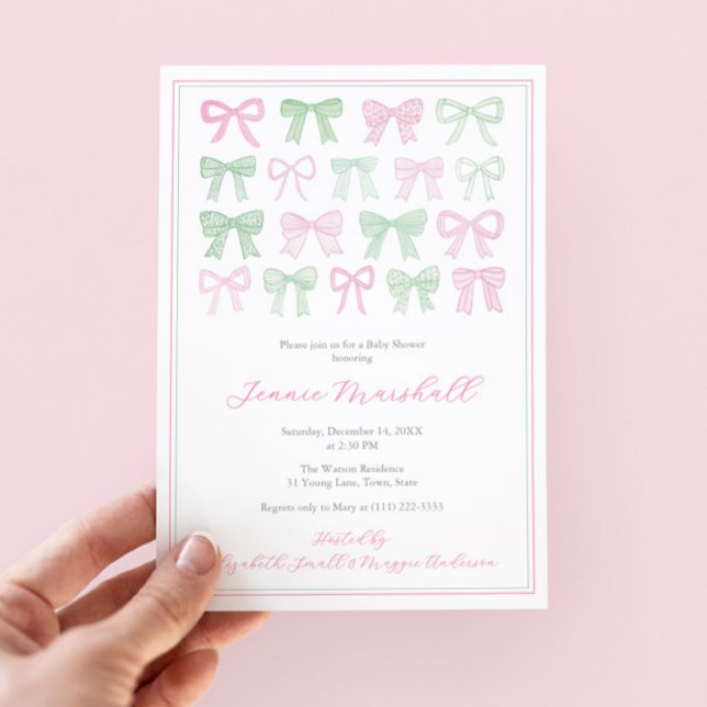 Invitation Fête de Bébé Fille avec des Rubans Roses et Verts  (Preppy pink and green bows baby girl shower invite with pink white bengal stripes reverse)