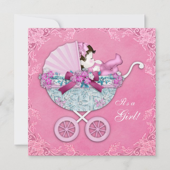 Invitation Fête de bébé fille avec un berceau rose (Devant)