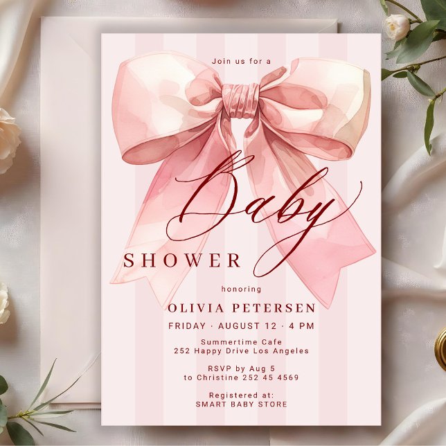 Invitation Fête de bébé fille avec un nœud papillon rose (Créateur téléchargé)