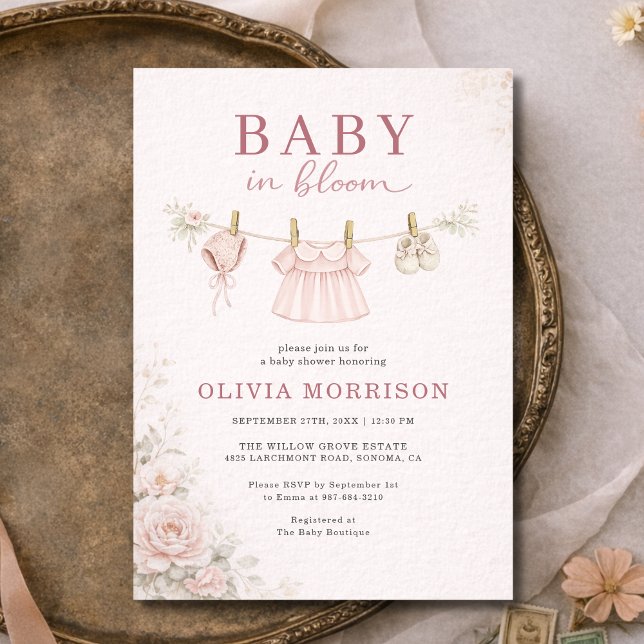 Invitation Fête de bébé Fille Baby in Bloom Linge Rose (Créateur téléchargé)