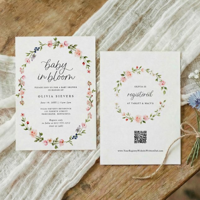 Invitation Fête de bébé Fille Bébé en fleurs rose florale (Baby in bloom baby shower invitation with oval watercolor floral frame and pink flowers)