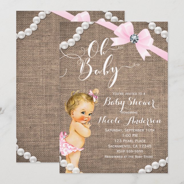 Invitation Fête de Bébé Fille Blonde Ruban Rose Burlap & Perl (Devant / Derrière)