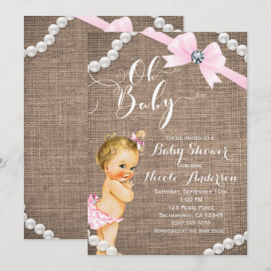 Invitation Fête de Bébé Fille Blonde Ruban Rose Burlap & Perl