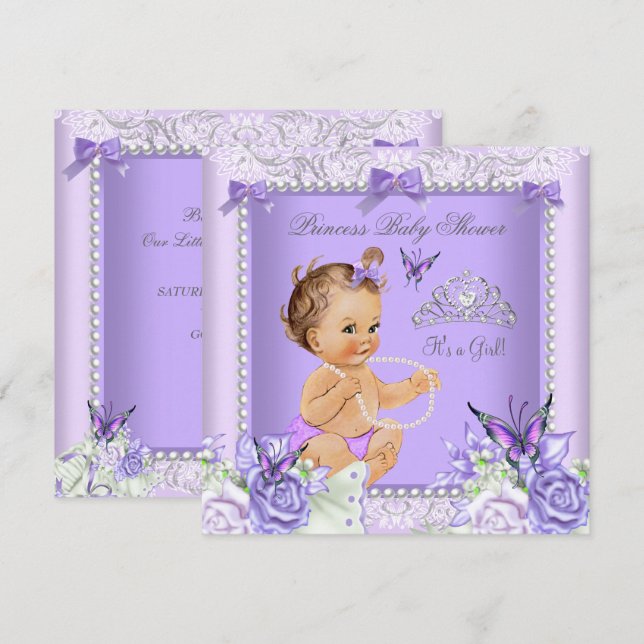 Invitation Fête de bébé fille brune Gris Lavande (Devant / Derrière)