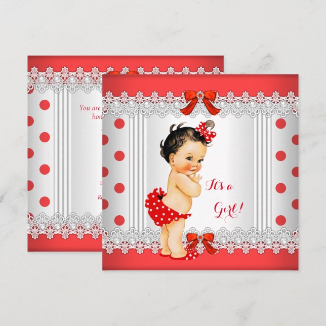 Invitation Fête de bébé fille Brunette Taches rouges et blanc (Devant / Derrière)