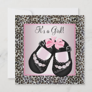 Invitation Fête de bébé fille chaussures roses noires en cuir