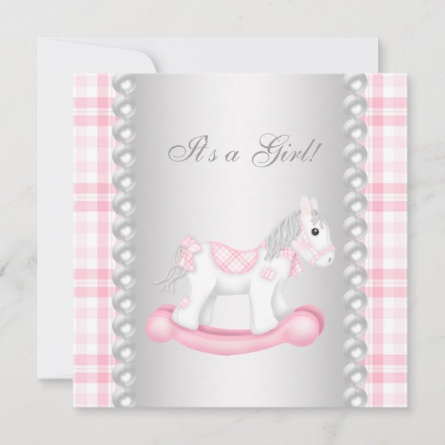 Invitation Fête de bébé fille Cheval à Bascule Gingham Rose P (Devant)