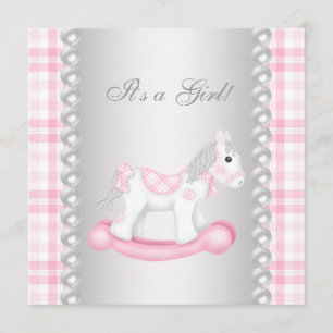 Invitation Fête de bébé fille Cheval à Bascule Gingham Rose P