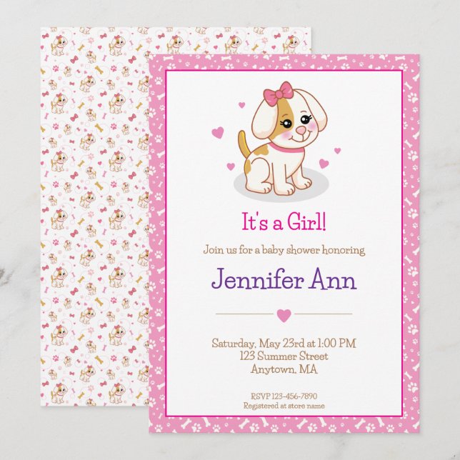 Invitation Fête de Bébé Fille Chien Chiot Arc-en-Ciel Rose (Devant / Derrière)