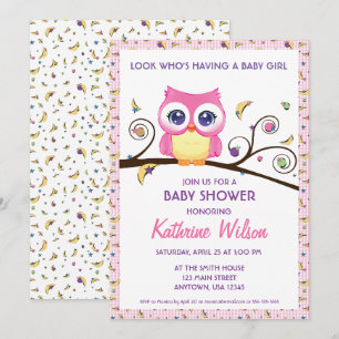 Invitation Fête de Bébé Fille Chouette Capricieuse Gribouilla