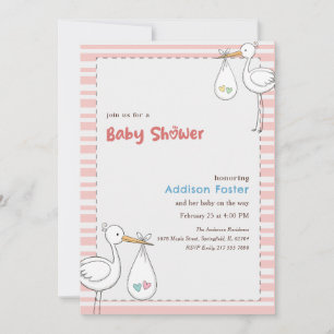 Invitation Fête de Bébé Fille cigogne rayée rose élégante