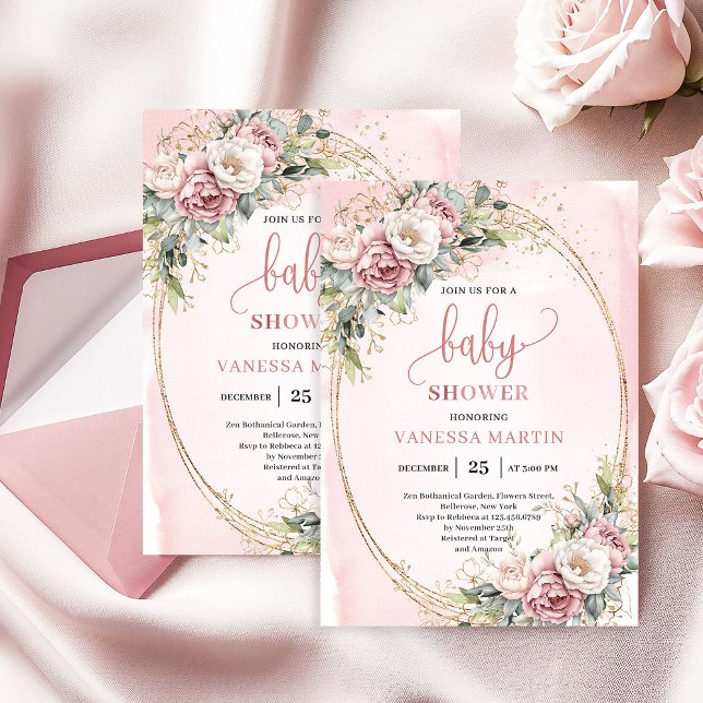 Invitation Fête de bébé fille classique rose saumon floral eu (Classic Blush Pink Floral Eucalyptus Baby Shower)