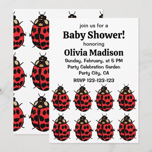 Invitation Fête de Bébé Fille Coccinelle Rouge Noire Coccinel (Devant / Derrière)