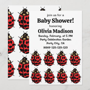 Invitation Fête de Bébé Fille Coccinelle Rouge Noire Coccinel