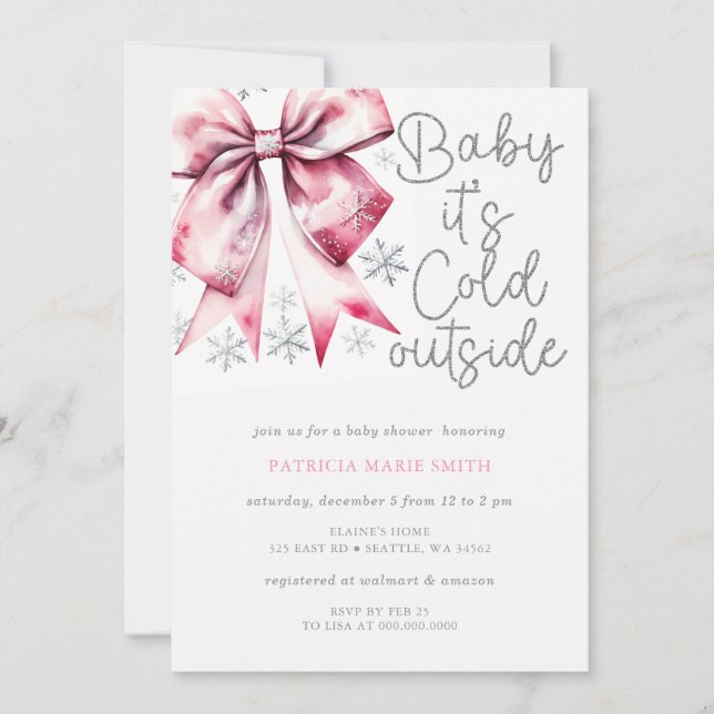 Invitation Fête de Bébé Fille Coquette Ruban Rose Froid à l'E (Devant)