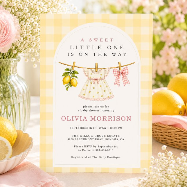 Invitation Fête de Bébé Fille Douce Citron sur Fil à Linge (Créateur téléchargé)