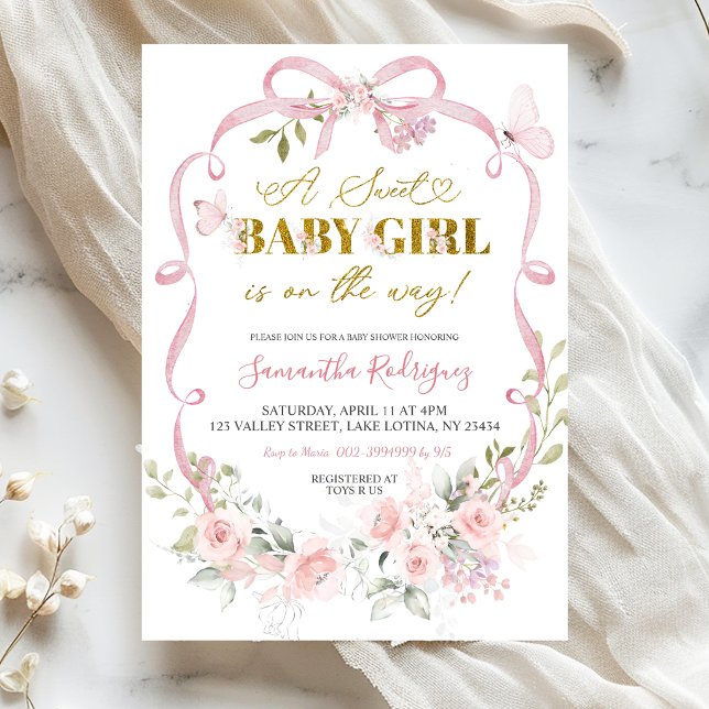 Invitation Fête de bébé fille douce Coquette avec nœud floral (Créateur téléchargé)