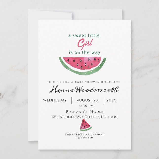 Invitation Fête de Bébé Fille Douce Pastèque Été  (Devant)