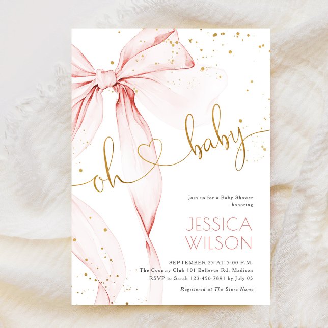 Invitation Fête de bébé fille élégante avec un ruban rose (Créateur téléchargé)