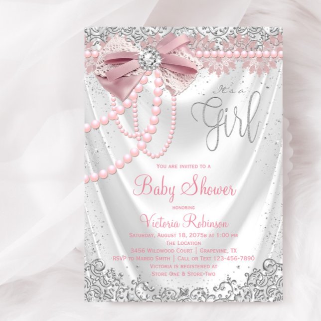 Invitation Fête de bébé fille élégante rose blush diamant per (Elegant blush pink and silver diamond baby shower invitation. Simply add your event details.)