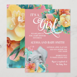 Invitation Fête de bébé fille éléphant floral rose sarcelle j