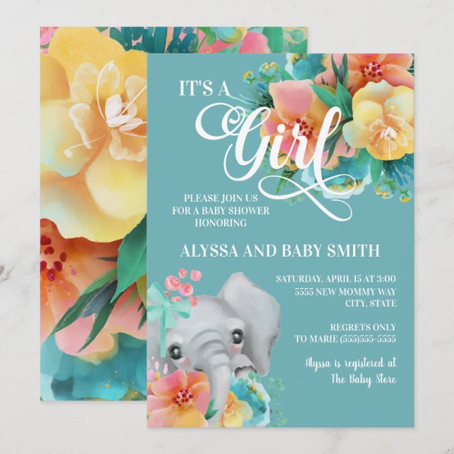 Invitation Fête de bébé fille éléphant floral rose sarcelle j (Devant / Derrière)