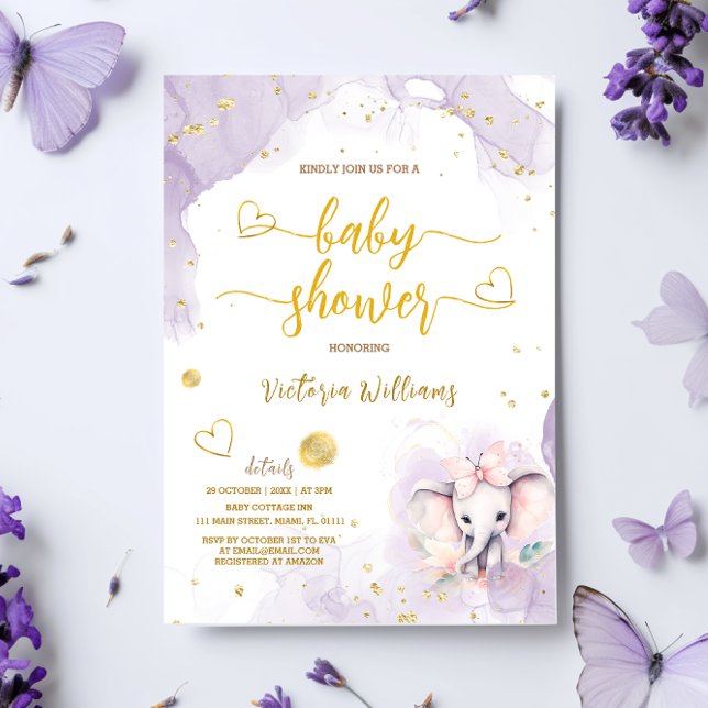 Invitation Fête de bébé fille éléphant rose violet (Créateur téléchargé)