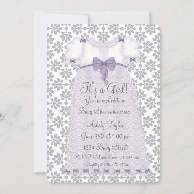 Invitation Fête de bébé fille en damas gris violet (Devant)