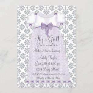 Invitation Fête de bébé fille en damas gris violet