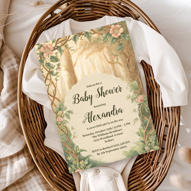 Invitation Fête de Bébé Fille en Forêt Enchantée (Créateur téléchargé)