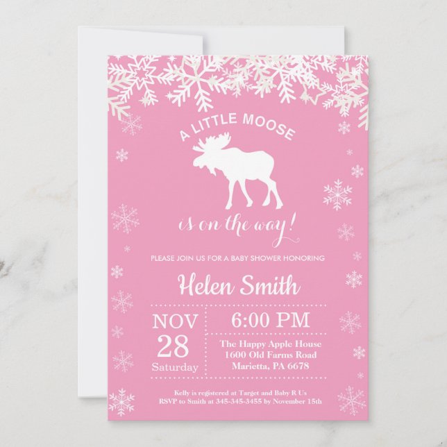 Invitation Fête de bébé fille en hiver avec élan et flocon de (Devant)