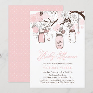 Invitation Fête de Bébé Fille en Jars de Maçon Suspendus Rose