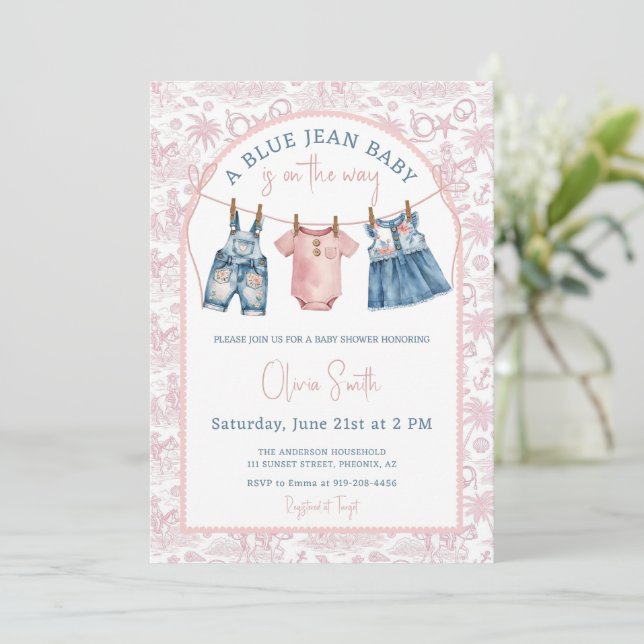 Invitation Fête de Bébé Fille en Jean Bleu (Debout devant)
