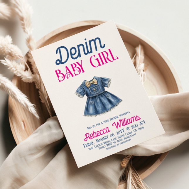 Invitation Fête de Bébé Fille en Jean Rose Bohème (Créateur téléchargé)