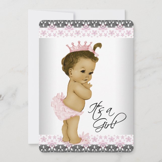 Invitation Fête de bébé fille ethnique rose et gris (Devant)