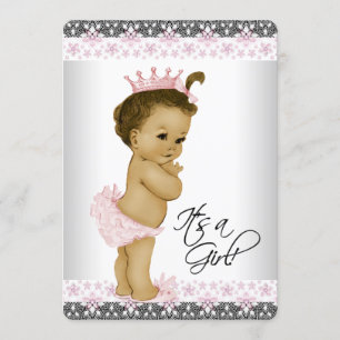 Invitation Fête de bébé fille ethnique rose et gris