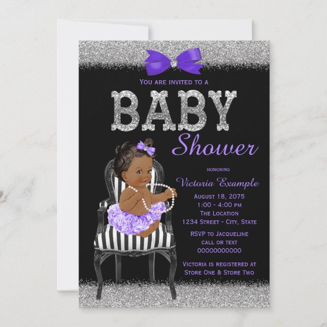 Invitation Fête de Bébé Fille Ethnique Violet Noir Argent Lav (Devant)