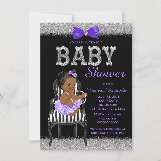 Invitation Fête de Bébé Fille Ethnique Violet Noir Argent Lav (Devant)
