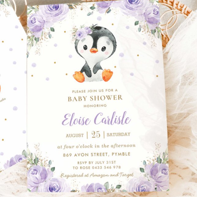 Invitation Fête de Bébé Fille Fleur Adorable Manchot Violet  (Créateur téléchargé)