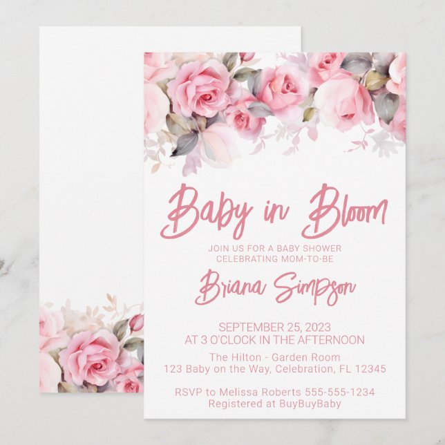 Invitation Fête de Bébé Fille Fleurs de Roses Roses (Devant / Derrière)