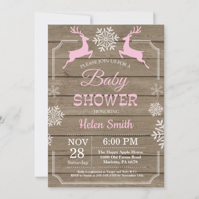 Invitation Fête de Bébé Fille Flocon de Neige Cerf Hiver Rust (Devant)