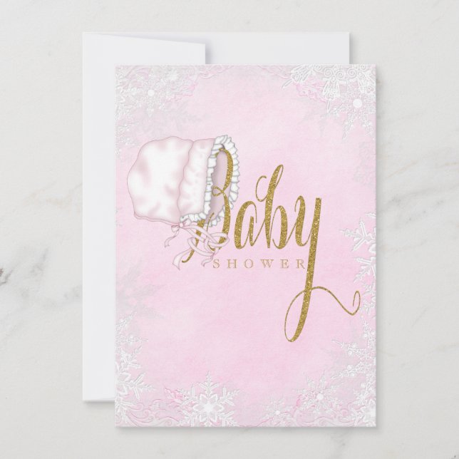 Invitation Fête de bébé fille flocon de neige en or rose (Devant)
