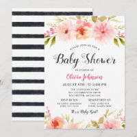 Fête de bébé fille florale à rayures noires modern